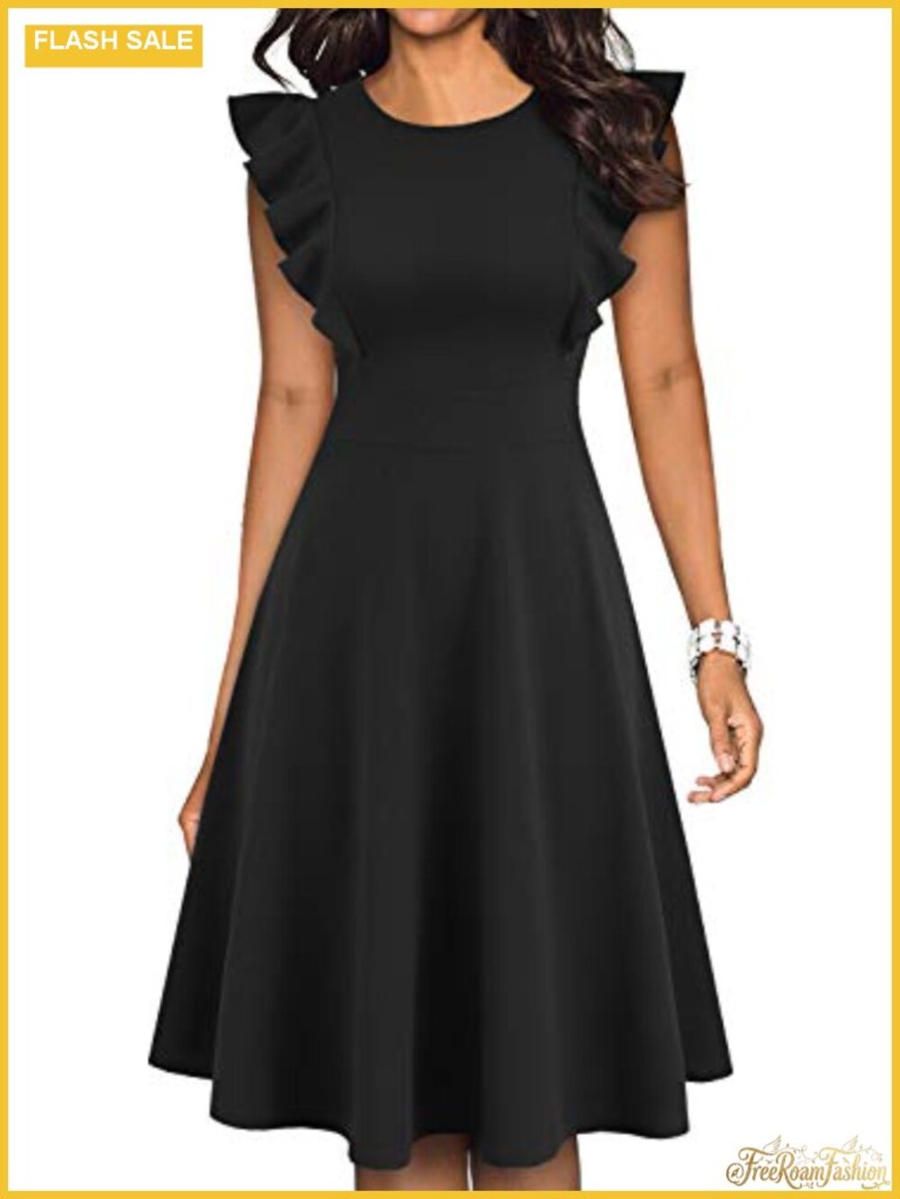 Vintage Ruffle Sleeve Floral A-Line Cocktail Party Dress